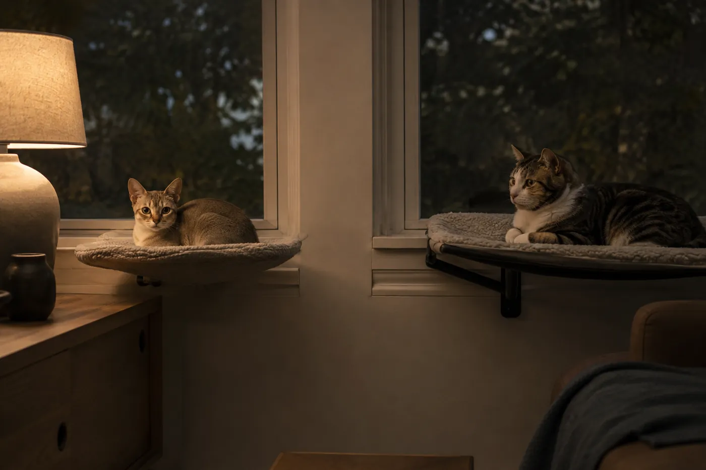 Singapura resting on a window perch beside a calm companion cat with separate beds