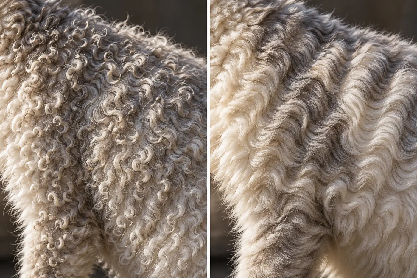 Two curly cat coats side by side, tight springy ringlets on the left and soft loose rounded waves on the right