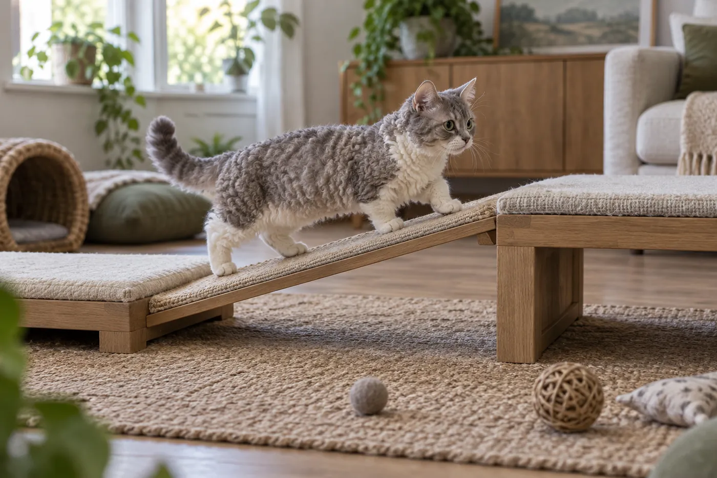 Short-legged curly-coated cat walking up a low ramp between two broad stable platforms in a living room