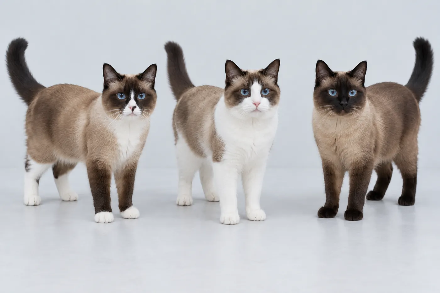 Three seal point cats with blue eyes: one with neat white mittens and facial V, one with heavy white, one with none