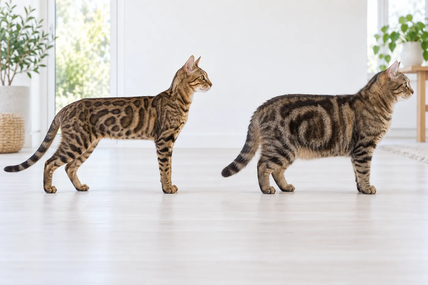Two brown tabby cats in side profile, a lean long-legged cat with tight dark markings beside a stockier cat with broad swirls