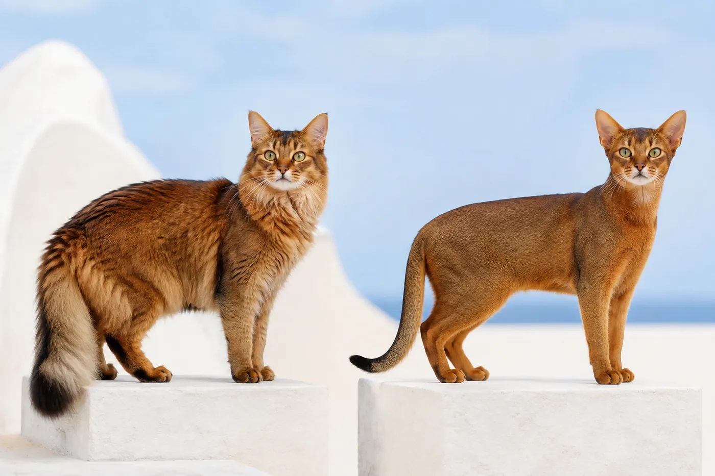 Somali and Abyssinian cats standing at equal scale, showing the same athletic body beneath different coat lengths