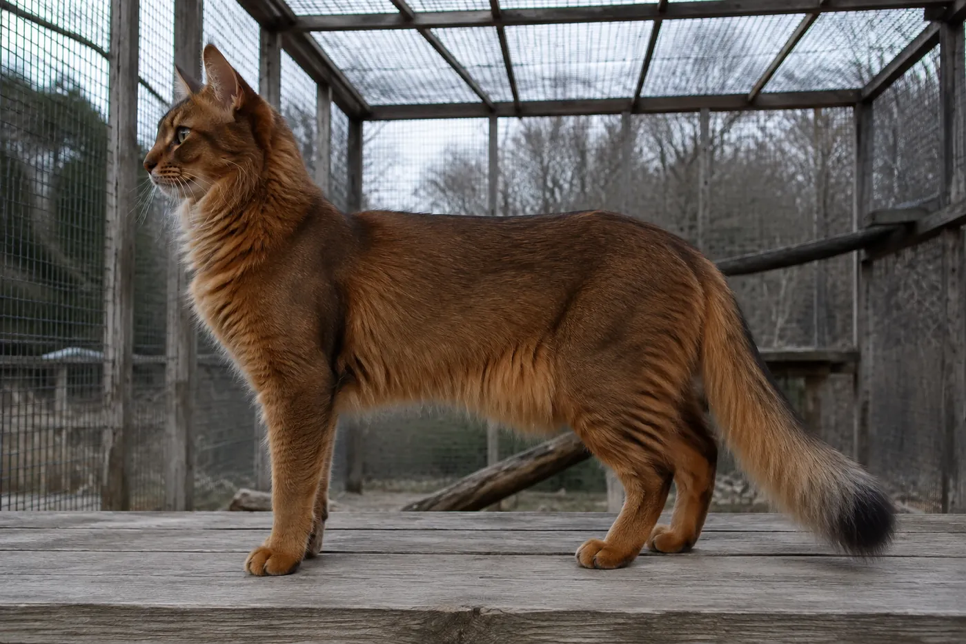 Adult ruddy Somali in side profile with full foxlike tail, ruff and breeches visible