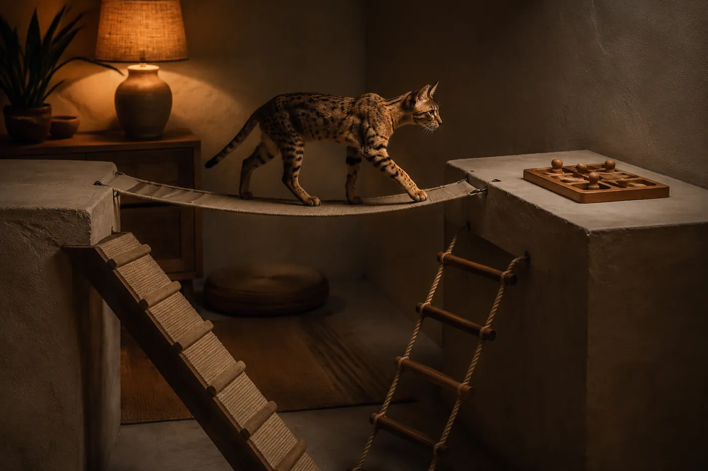 Somali crossing a suspended bridge between broad secured wall shelves toward a food puzzle