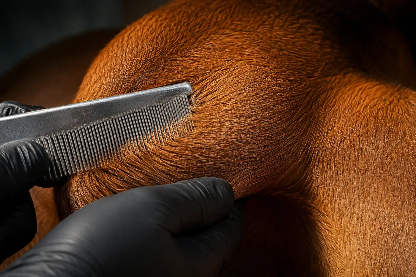 Wide metal comb moving through the breeches of a healthy Somali while the skin is supported