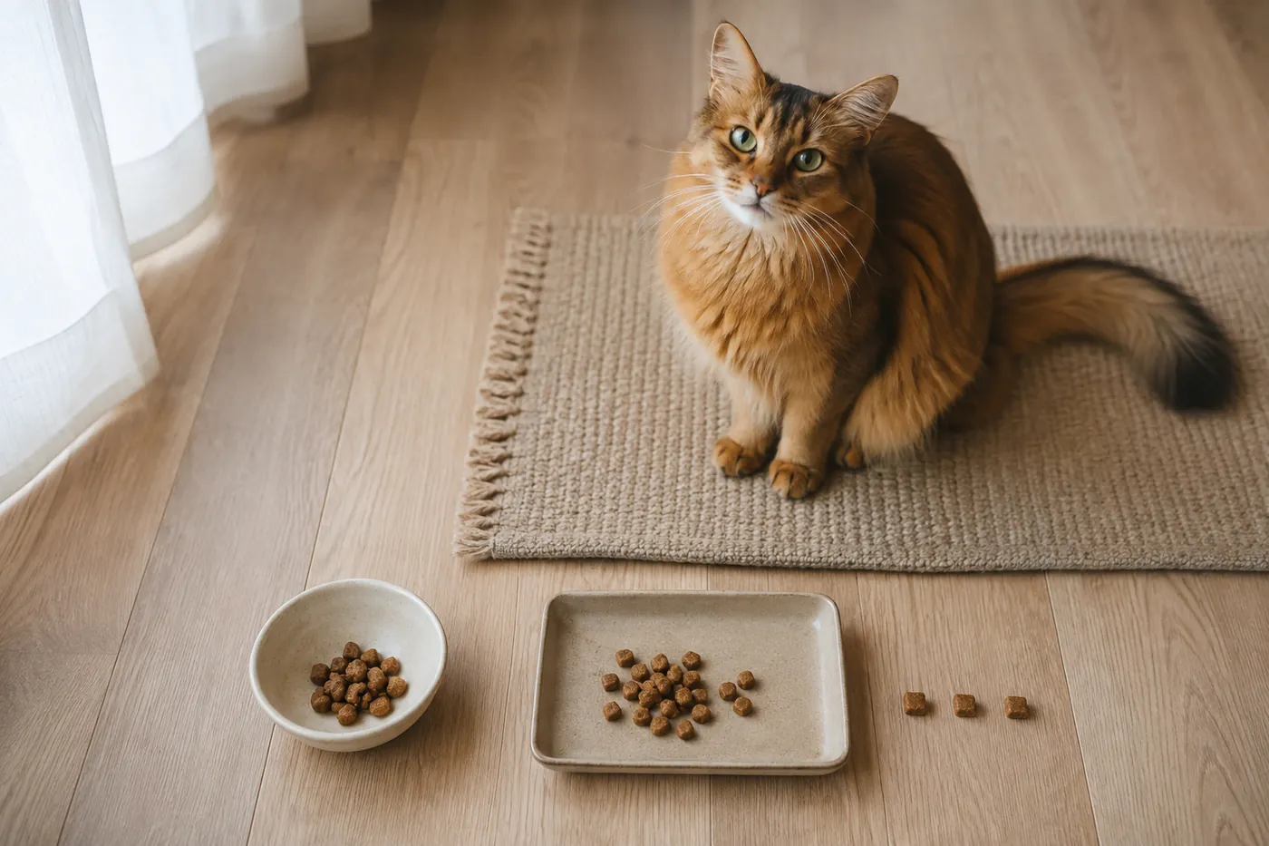 Measured Somali meal divided among a bowl, a search tray and small training rewards