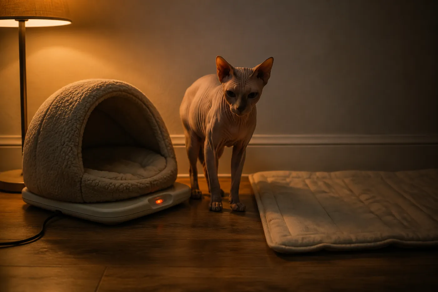 Sphynx choosing between a covered fleece bed and an open cooler mat beside a safe thermostatic pet warmer