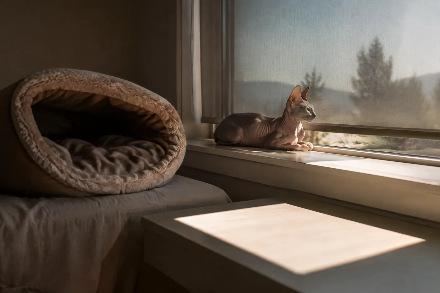 Sphynx resting behind a UV-filtering shaded window with a covered bed nearby