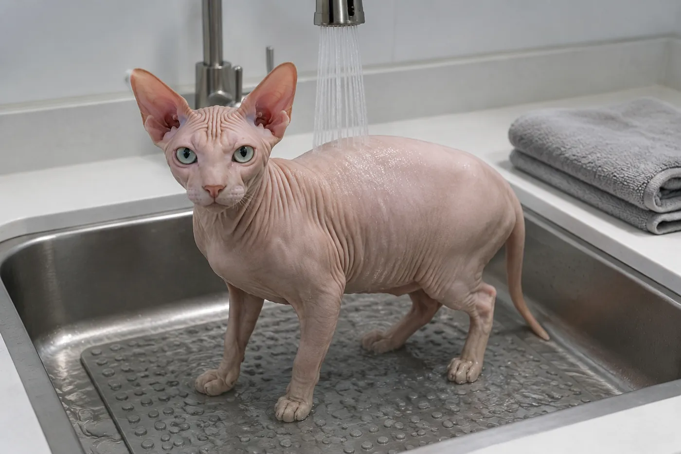 Sphynx standing calmly on a non-slip bathing mat while gentle rinsing avoids the face and ears