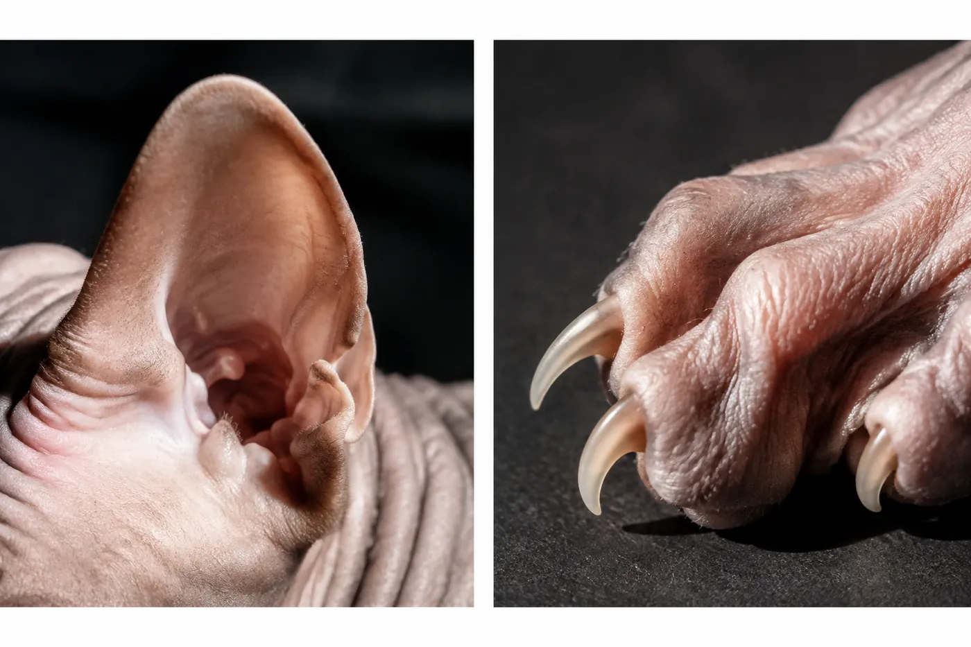 Separate close views of a healthy Sphynx outer ear and extended claw with clean skin folds