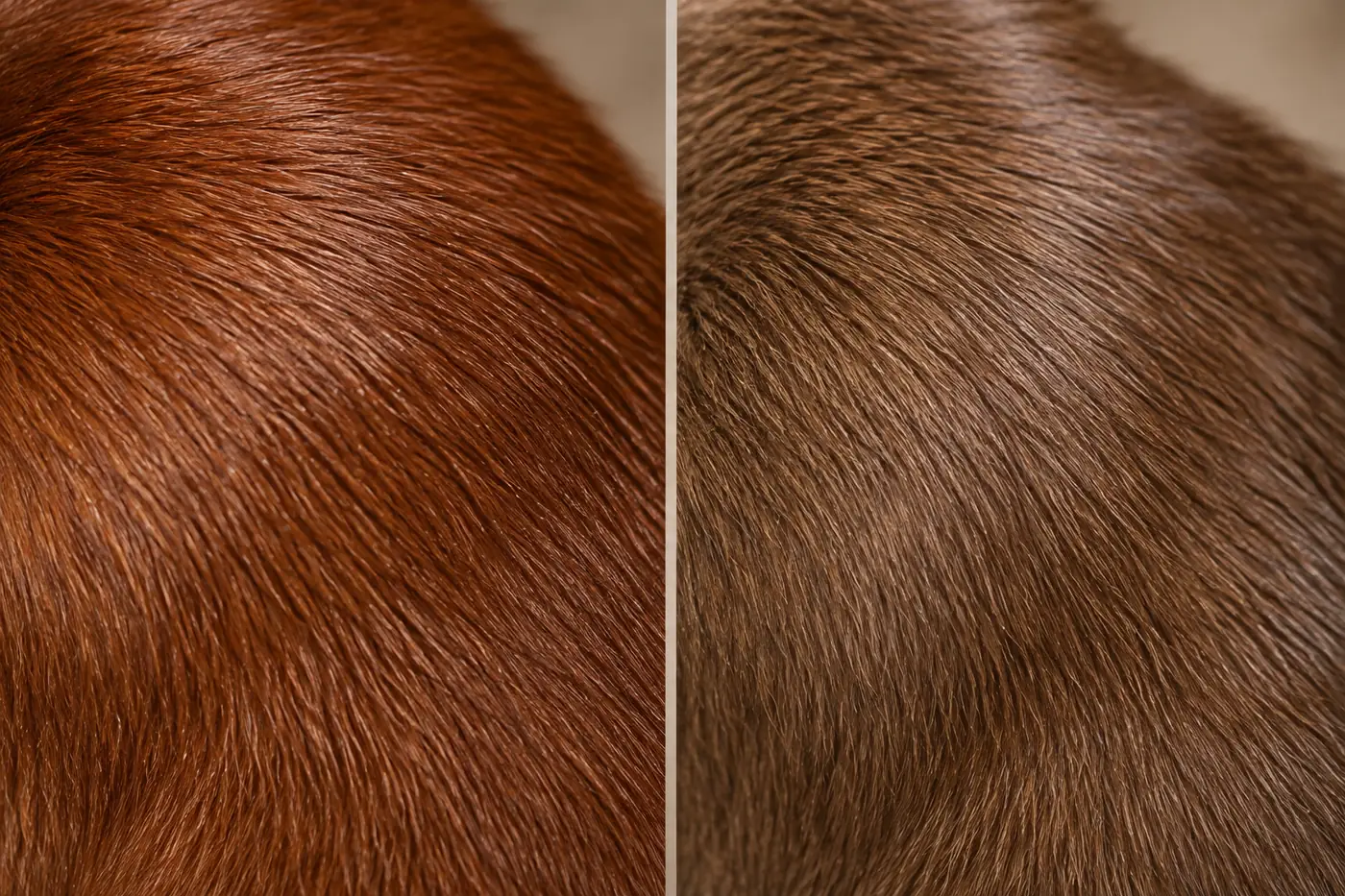 Two close patches of short smooth cat coat, a reddish copper-brown on the left and a warm sepia brown on the right