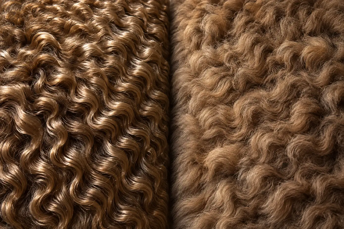 Two close patches of curly brown cat coat, one with a glossy reflective sheen on each curl and one matte