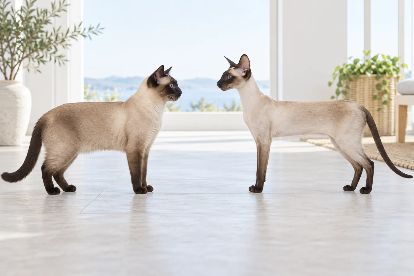 Two seal point cats in profile, one round-headed and balanced, the other angular with very large ears and a long tubular body