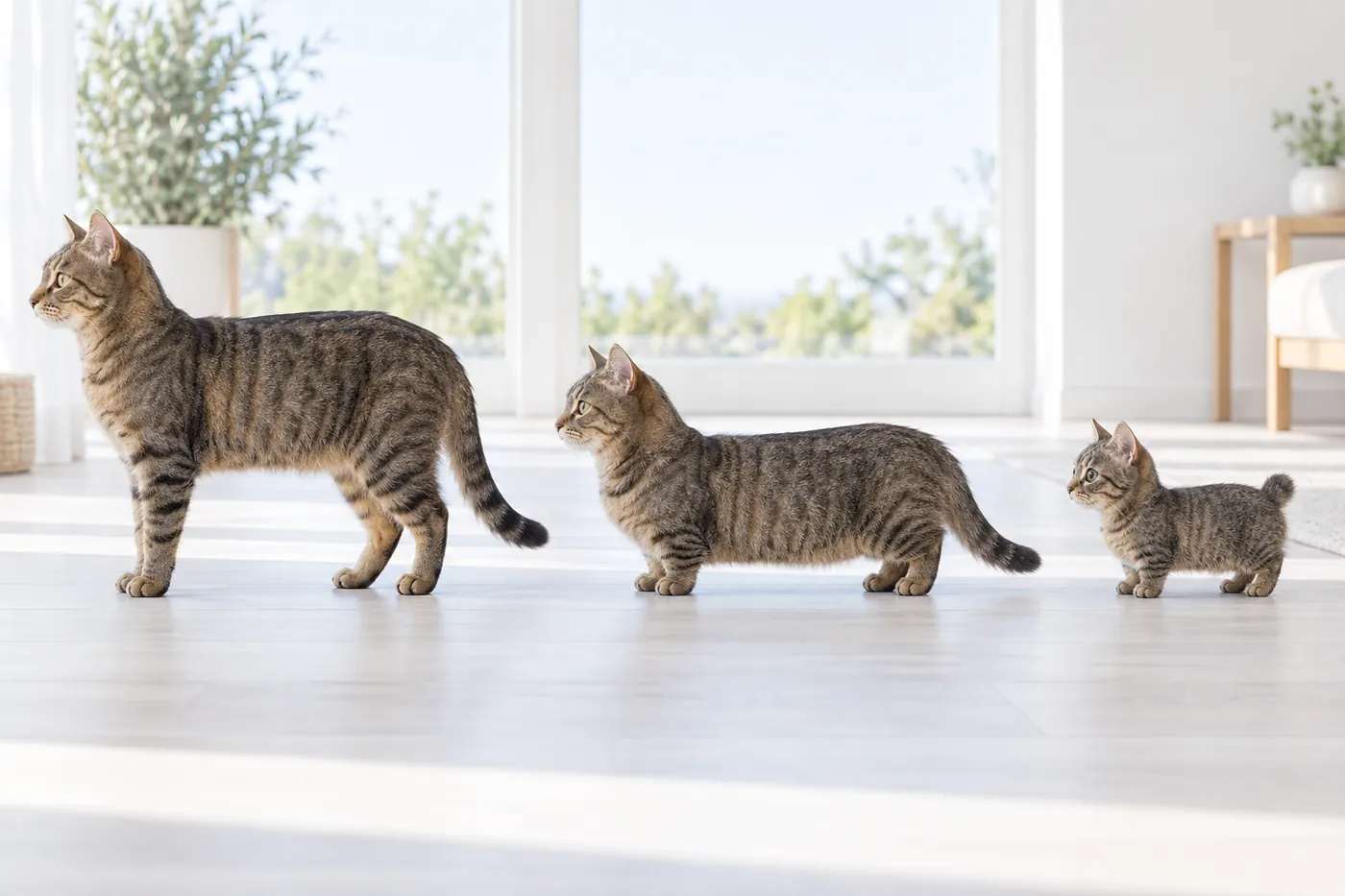 Three brown tabby cats in side profile: a standard-sized cat, a long-bodied short-legged cat, and a much smaller evenly proportioned bobtailed cat