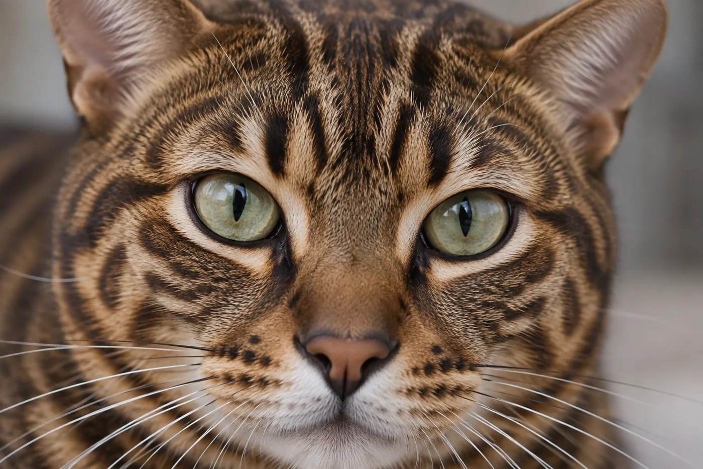 Close front view of a Toyger's face showing circular temple markings, dark mascara lines and pale rings around the eyes