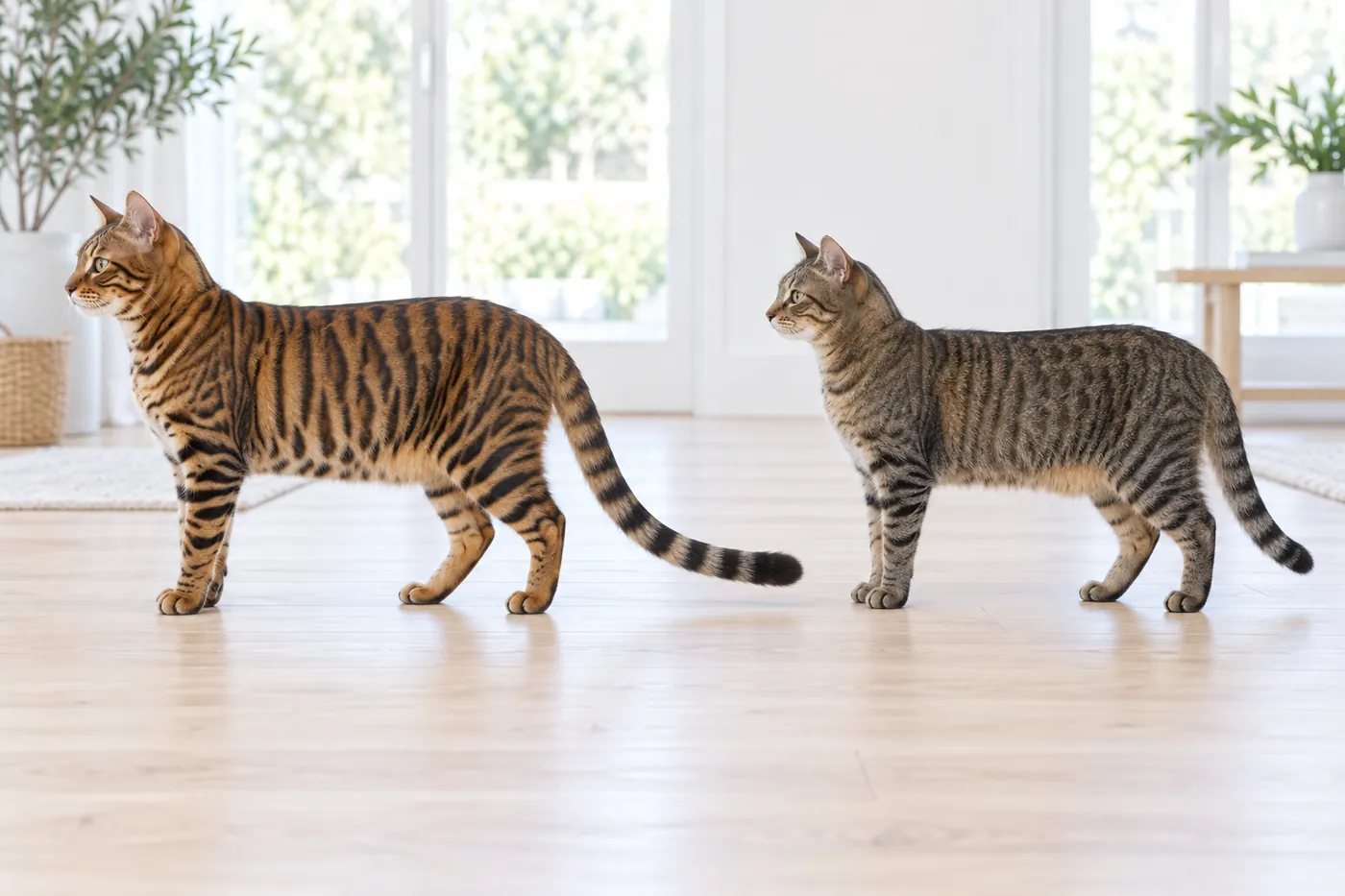 A Toyger and an ordinary brown mackerel tabby standing in side profile at equal scale for pattern comparison