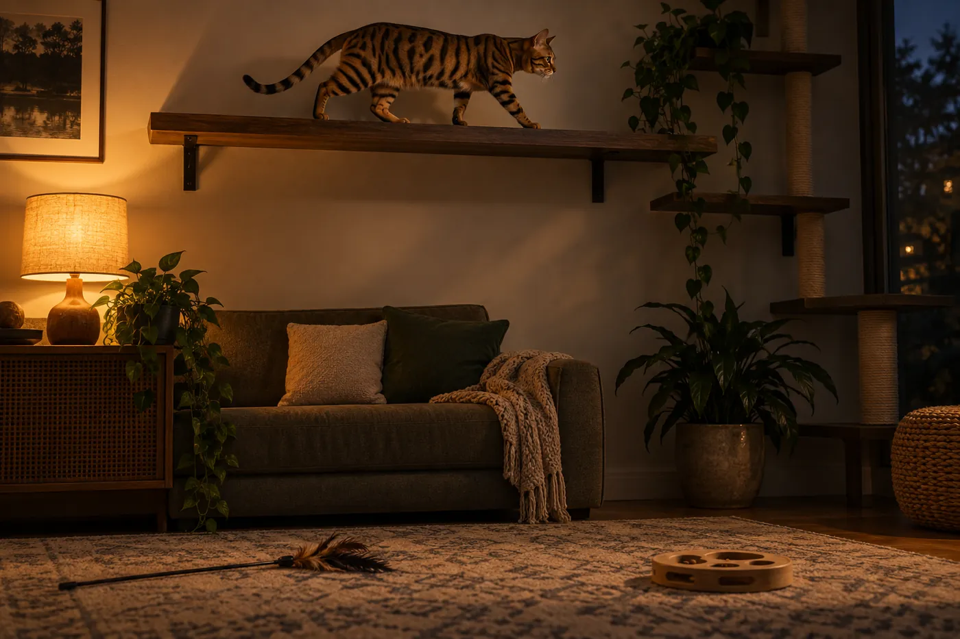 A Toyger walking along an anchored wall shelf above a living room floor with a wand toy and a food puzzle below