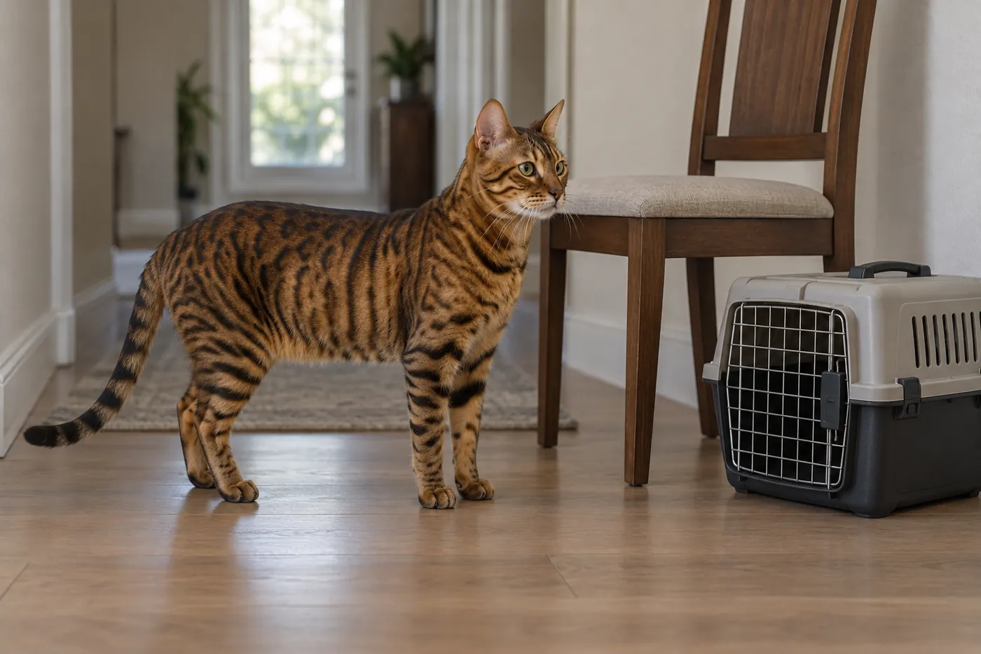 An adult Toyger standing beside a dining chair and a rigid travel carrier on a hallway floor for scale