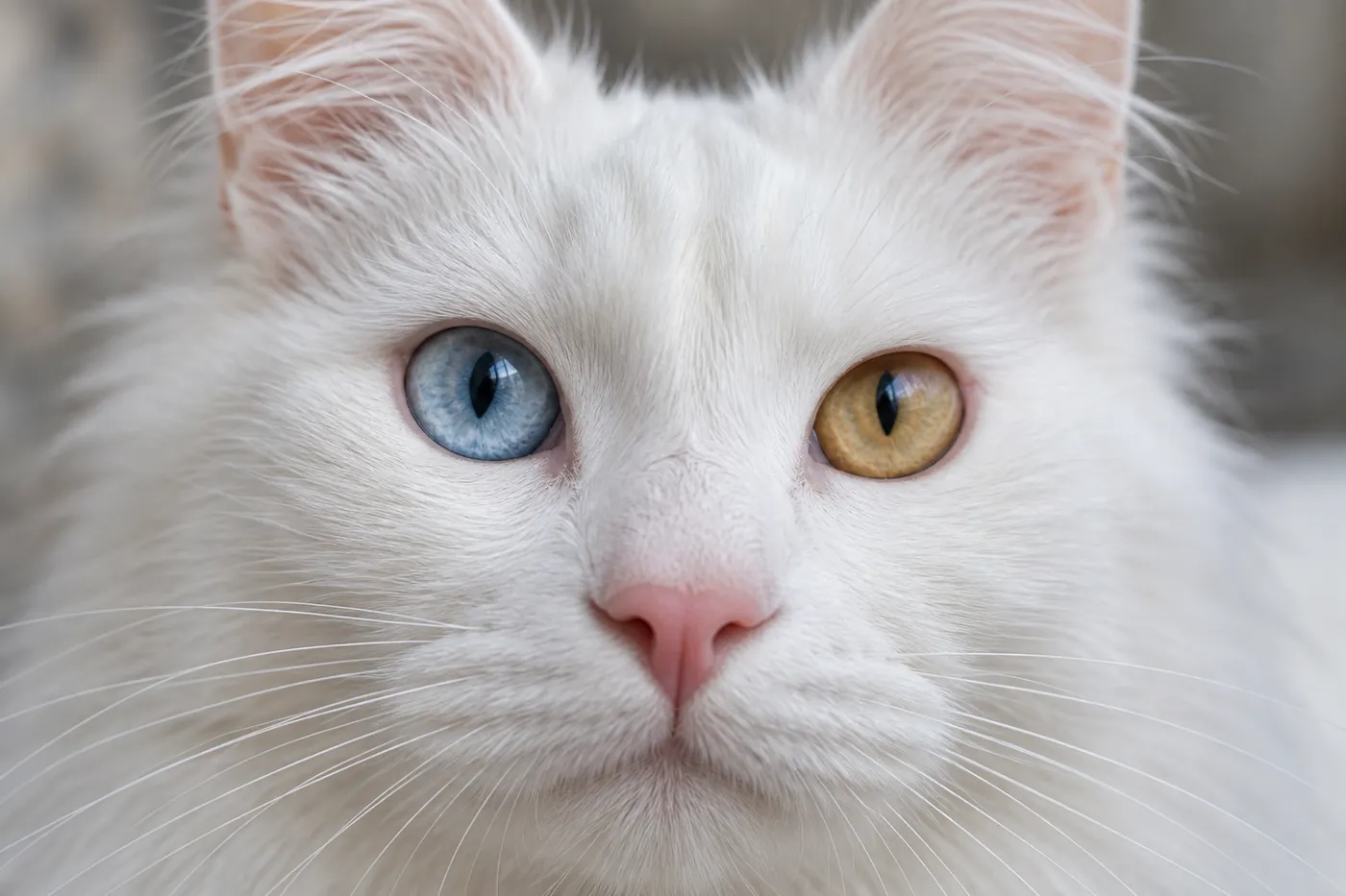 Close front view of an odd-eyed white cat showing one blue eye and one amber eye