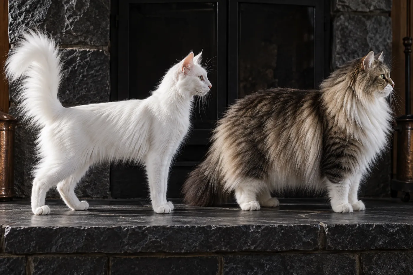 A white single-coated Turkish Angora and a dense double-coated longhaired cat in side profile at equal scale on a dark hearth