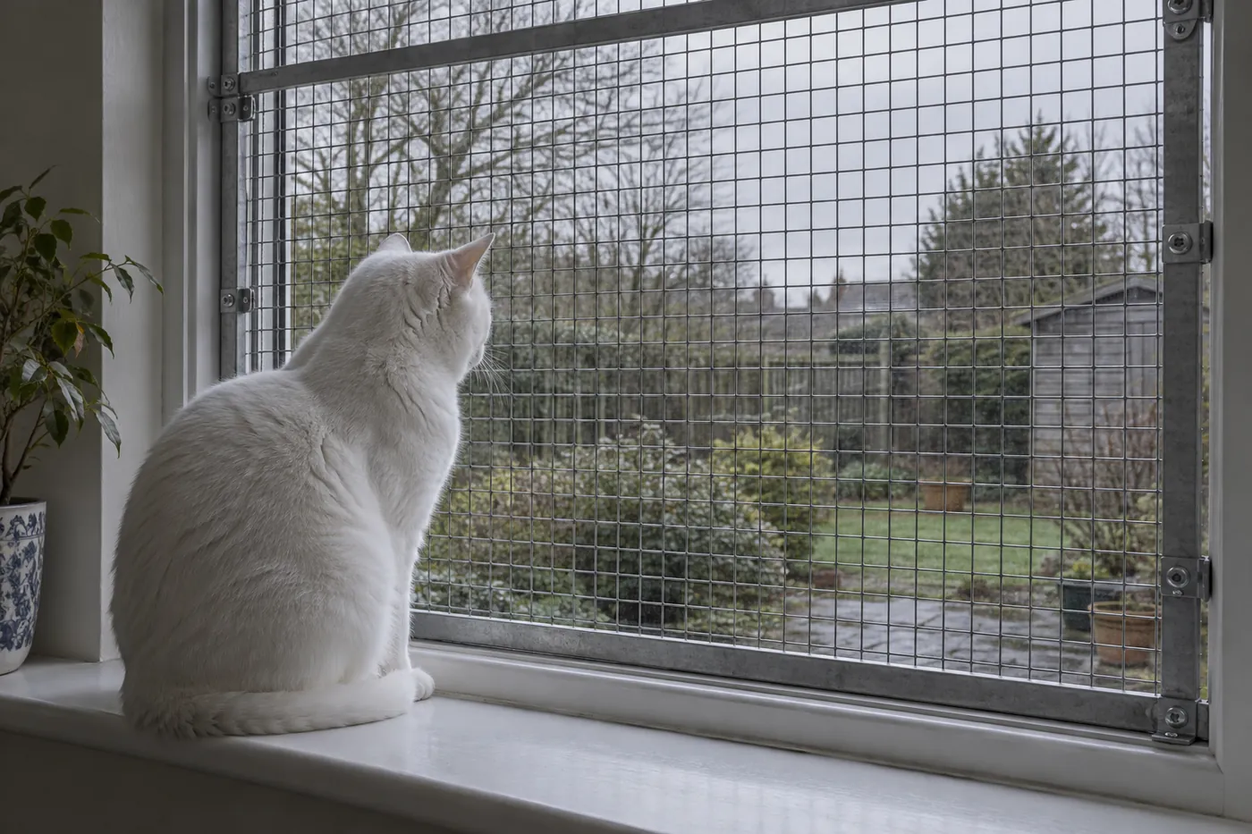 A white cat sitting on a windowsill behind a fitted steel mesh security screen looking out at a garden