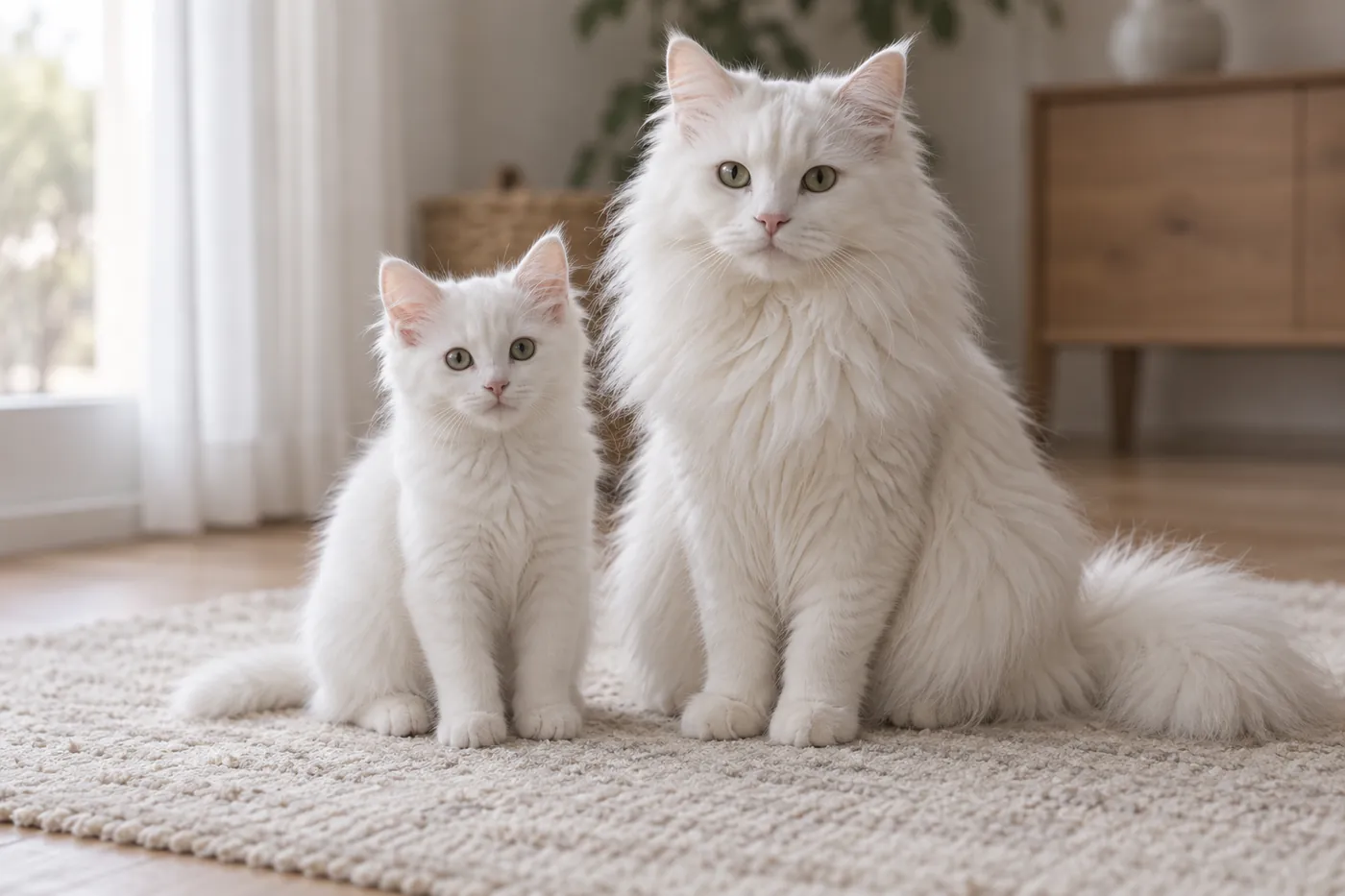 A young white kitten with a short flat coat beside a mature white cat with a deep ruff, long britches and a plumed tail
