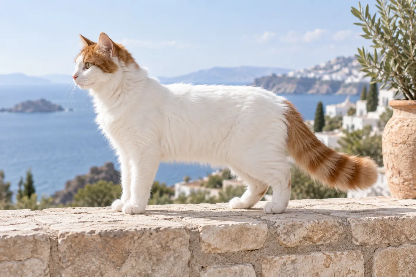 A semi-longhaired cat in side profile on a stone terrace wall with colour confined to the head and tail