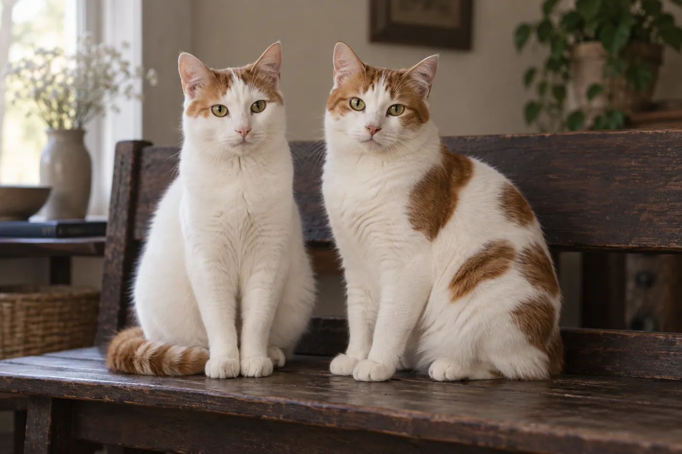 Two white-and-auburn cats on a dark bench, one with colour only on head and tail, one with large random body patches
