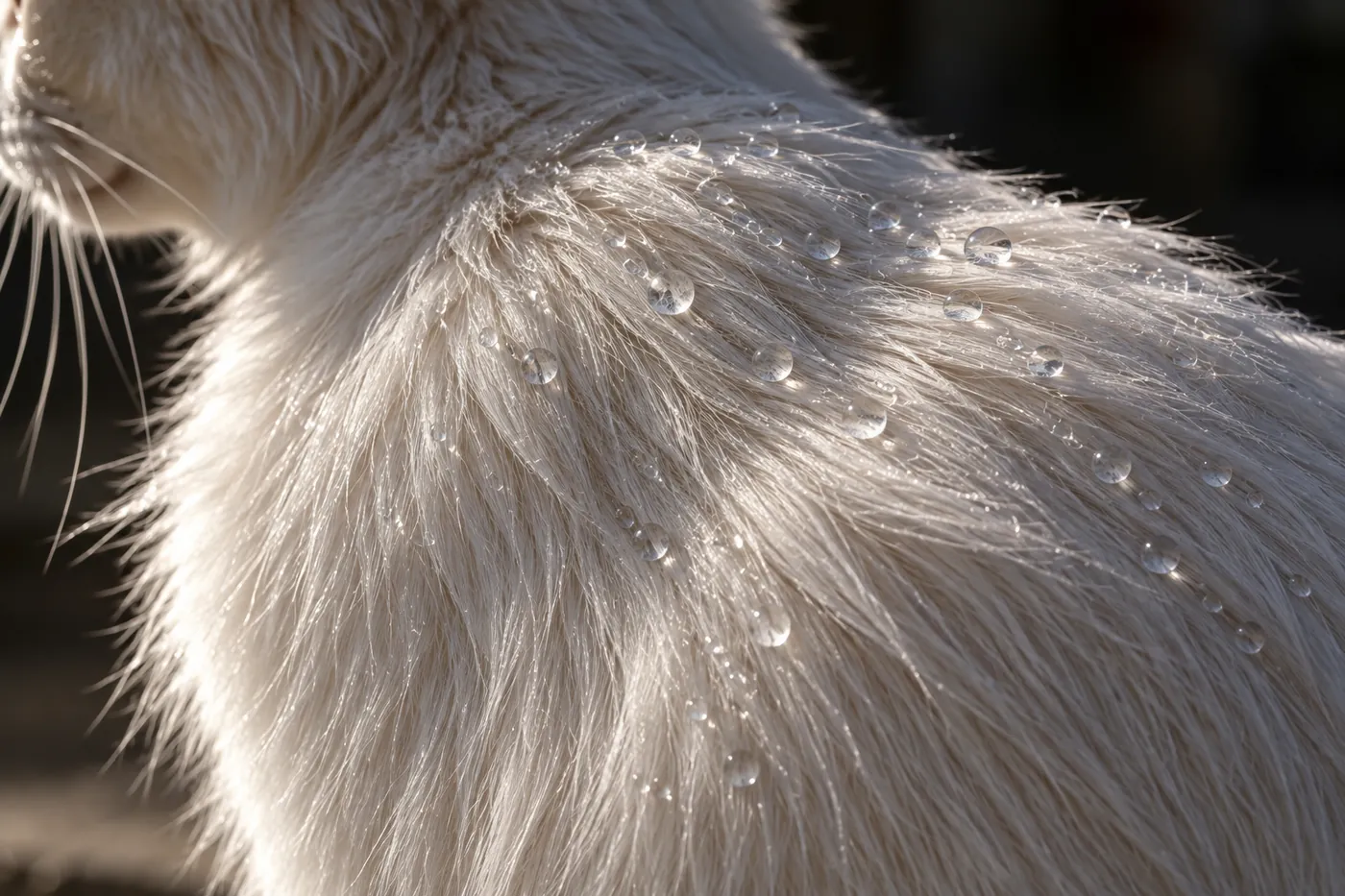 Close view of a white semi-longhaired coat with water droplets beading on the surface without soaking in