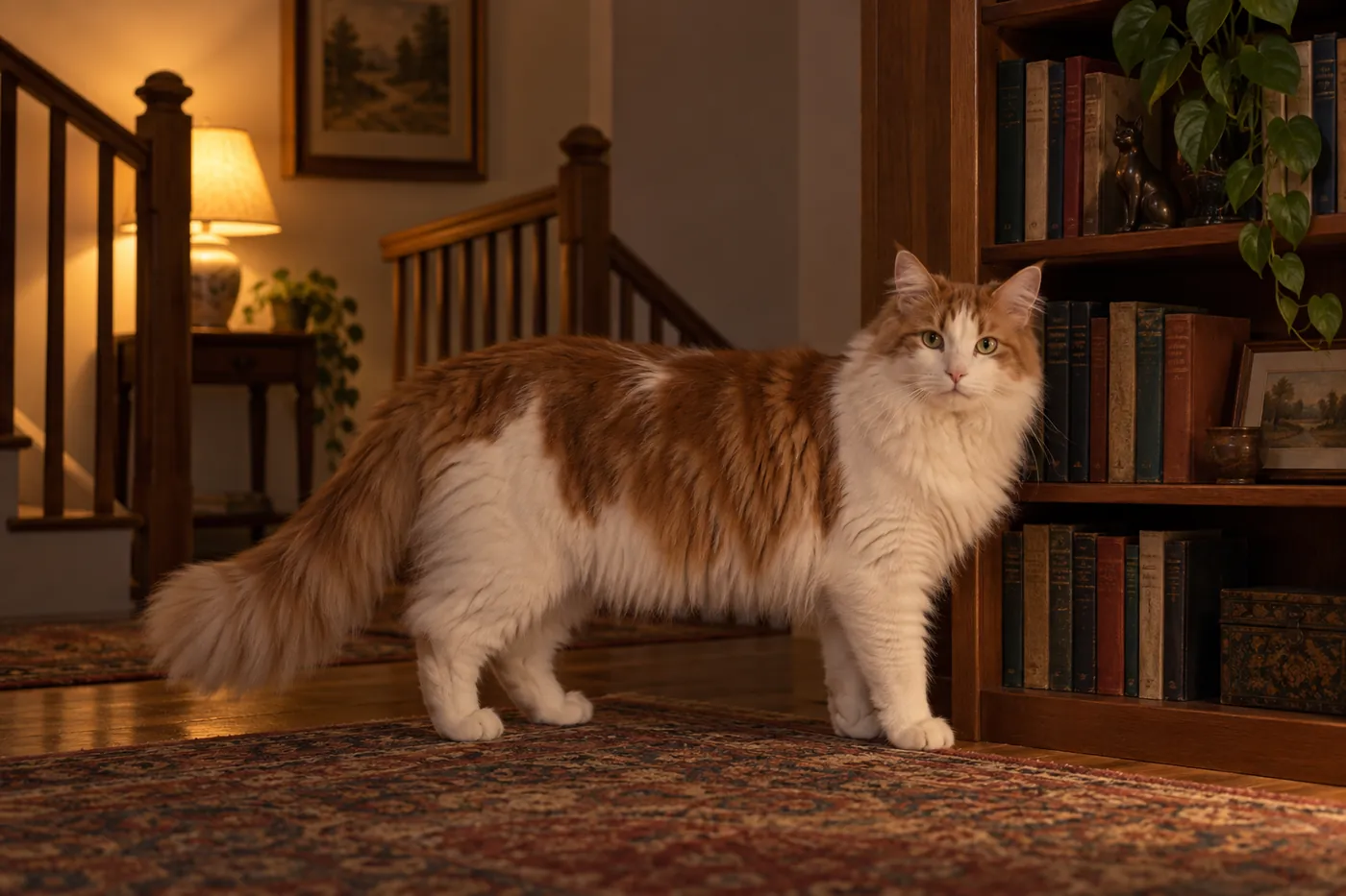 A large long-bodied white-and-auburn cat standing beside a tall wooden bookcase on a landing