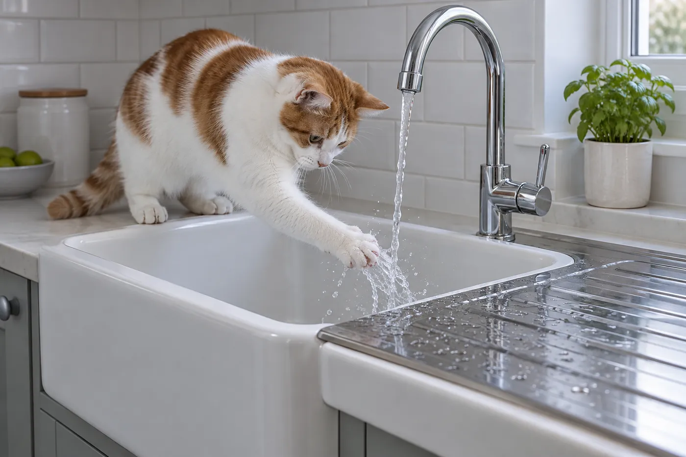 A white-and-auburn cat leaning over a butler sink with one paw in a stream of running water from a tap
