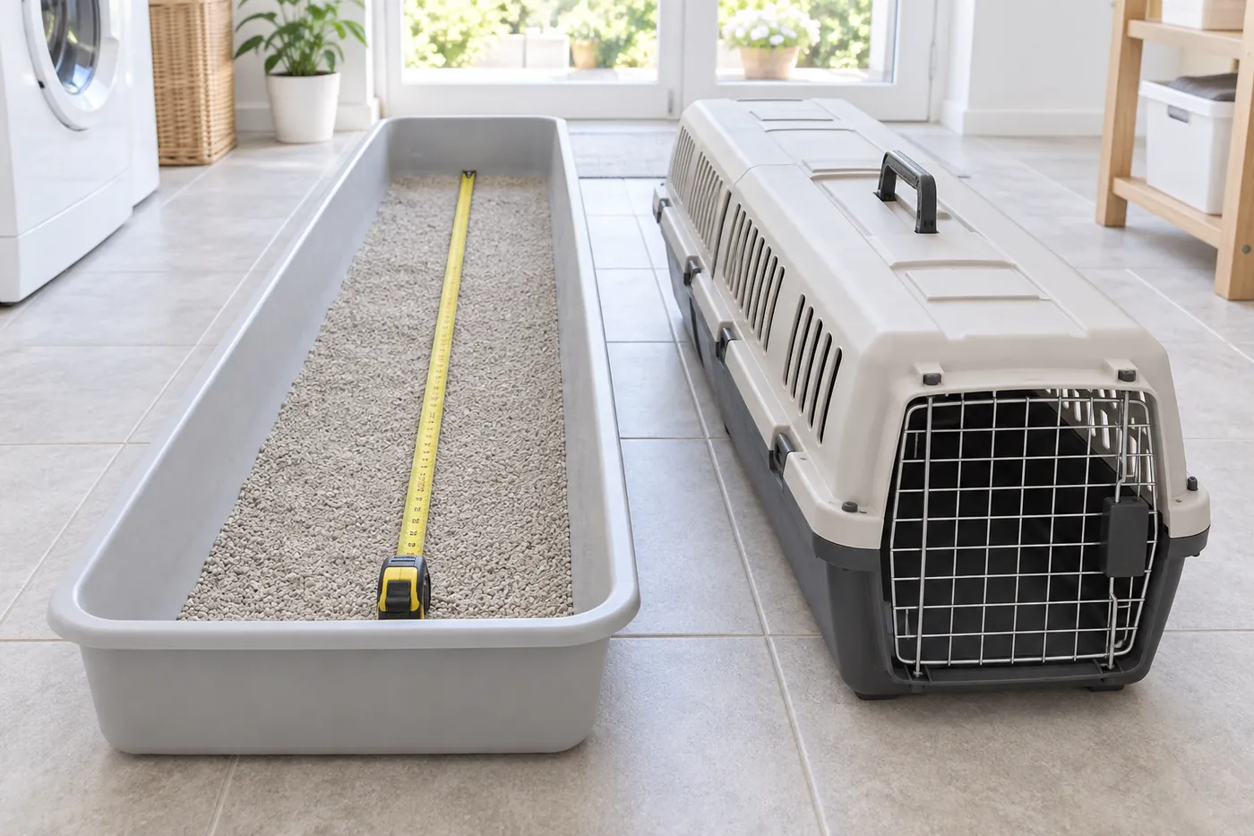 A long open litter tray and a long rigid carrier side by side on a tiled floor with a tape measure along the tray floor