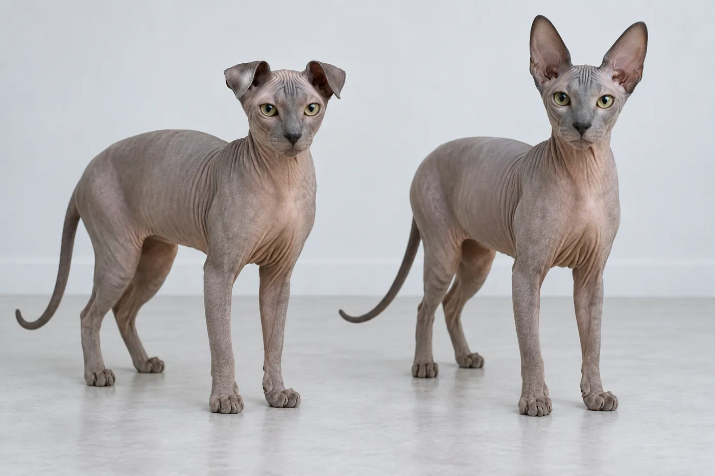 Two hairless cats of the same type side by side, one with forward-folded ears and one with upright ears