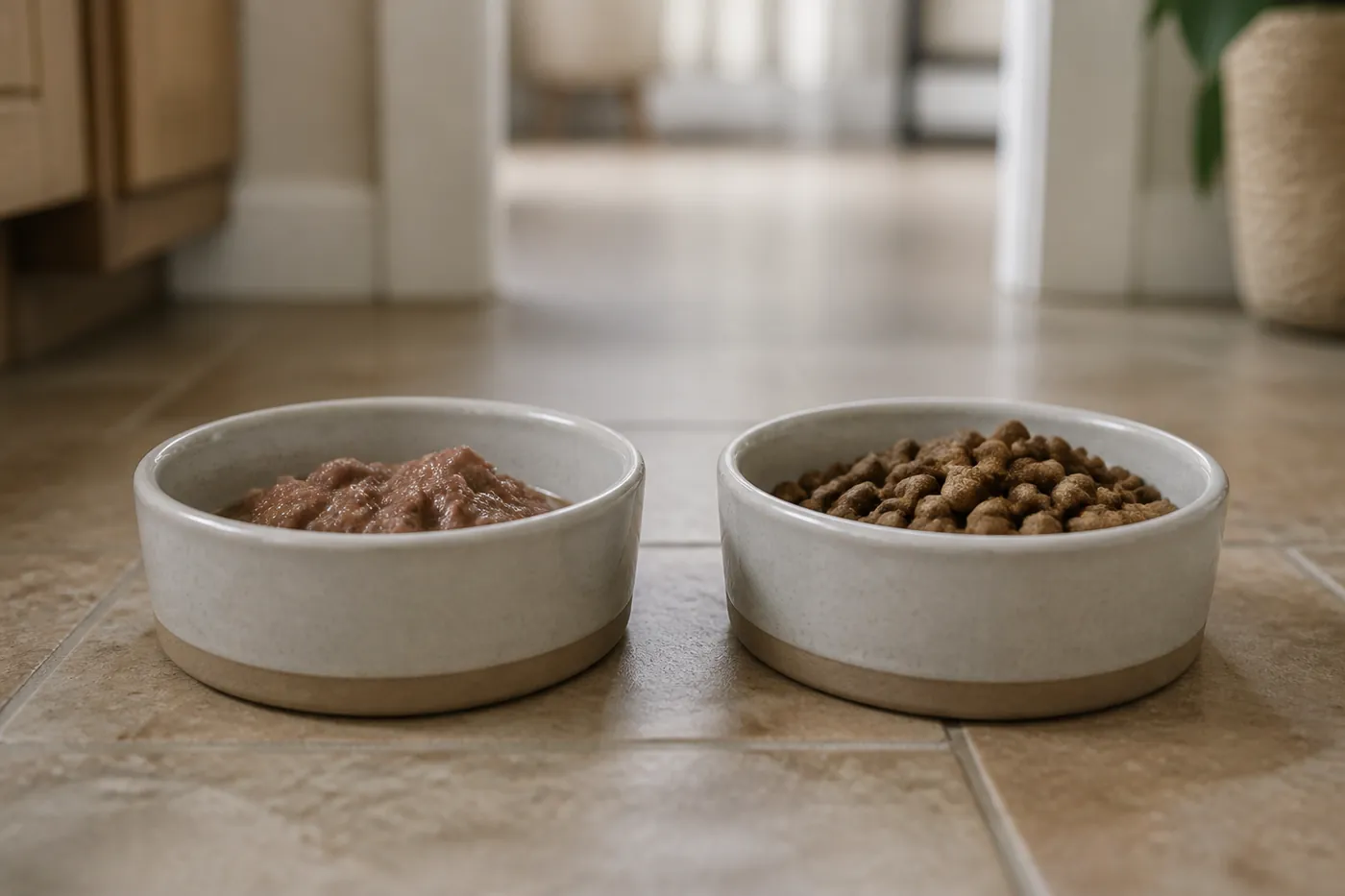 A bowl of wet food and a bowl of dry kibble side by side on a kitchen floor