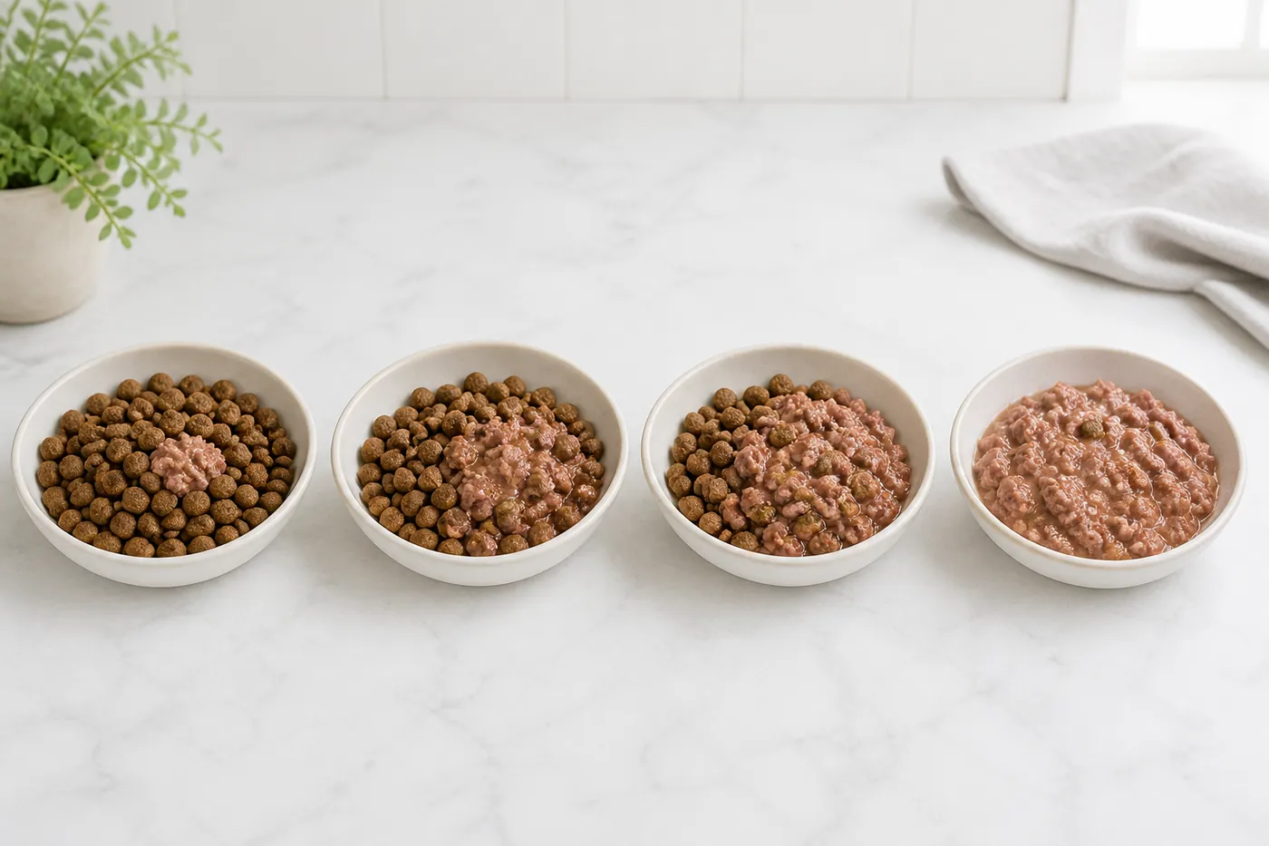 Four bowls showing wet and dry food mixed in shifting proportions