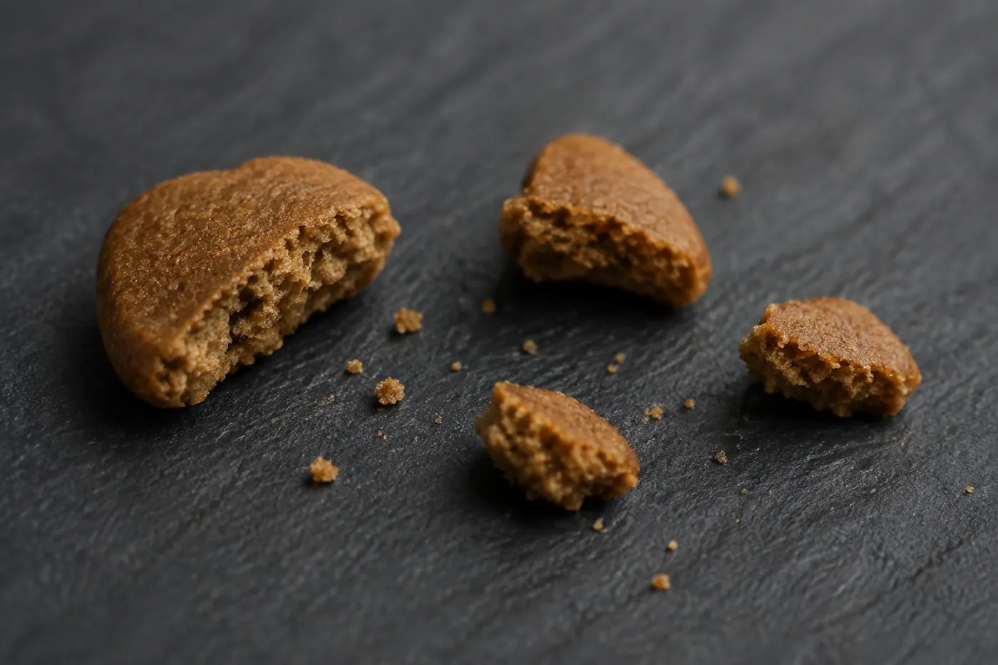 A piece of kibble shattered into fragments on a dark surface