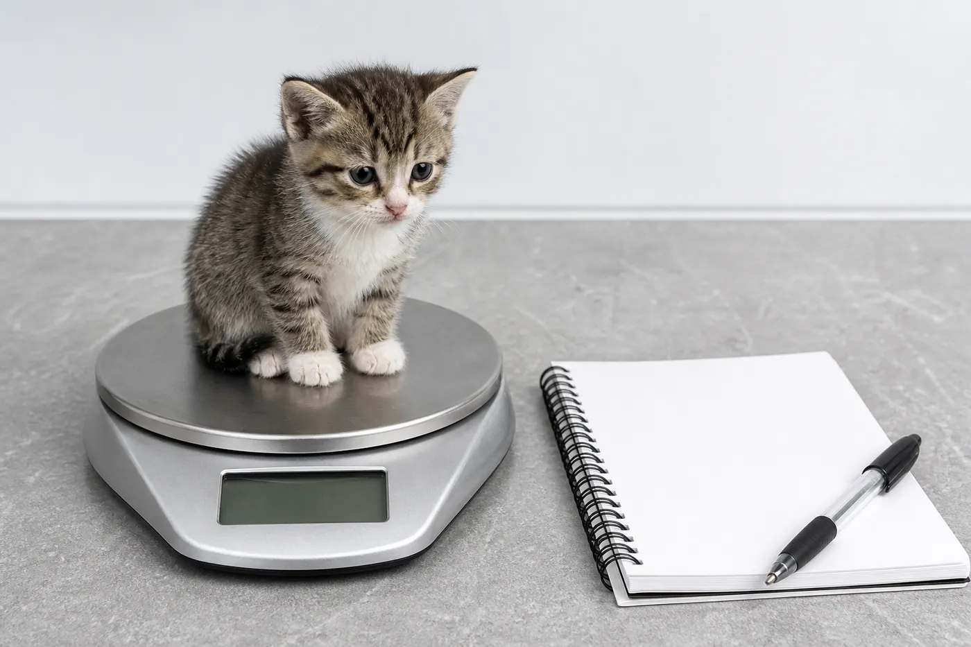 A small kitten sitting on a digital kitchen scale beside a written weight chart