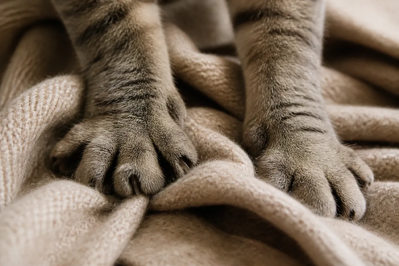 A cat's front paws pressing down into a soft folded blanket