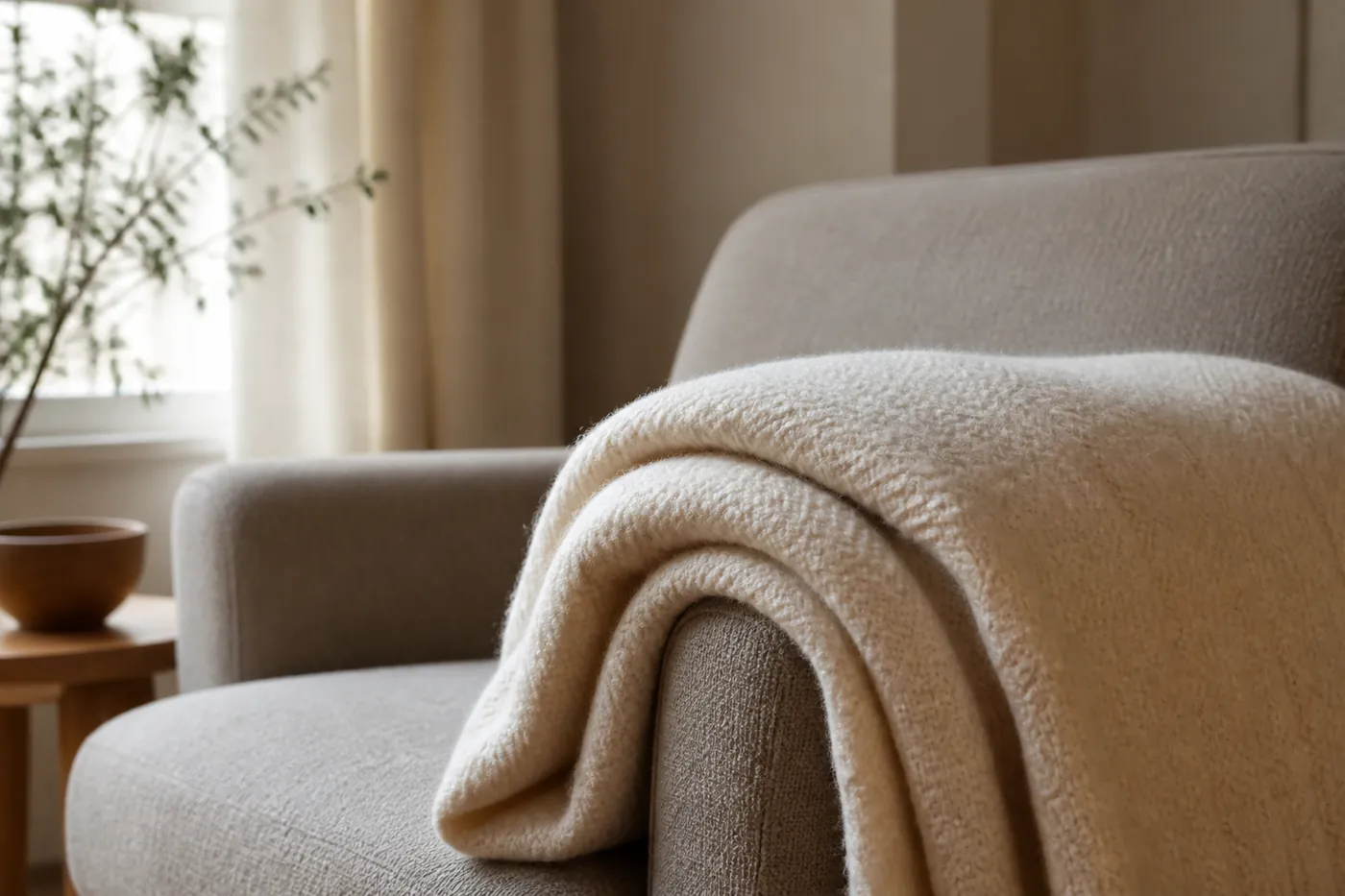 A thick folded wool blanket laid across the arm of a chair