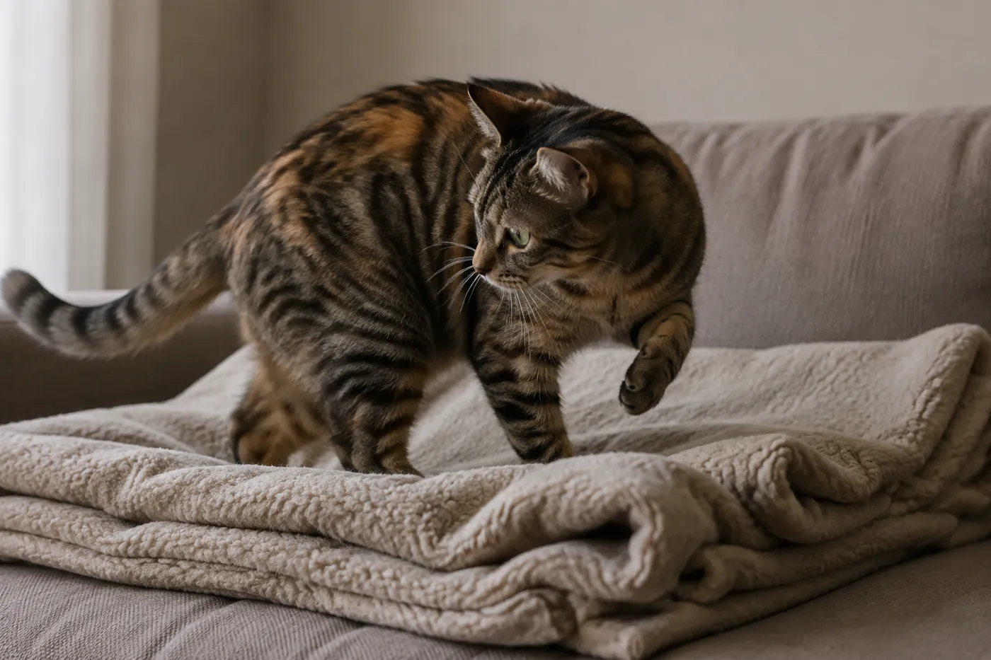 A cat turning in a circle on a folded blanket before settling