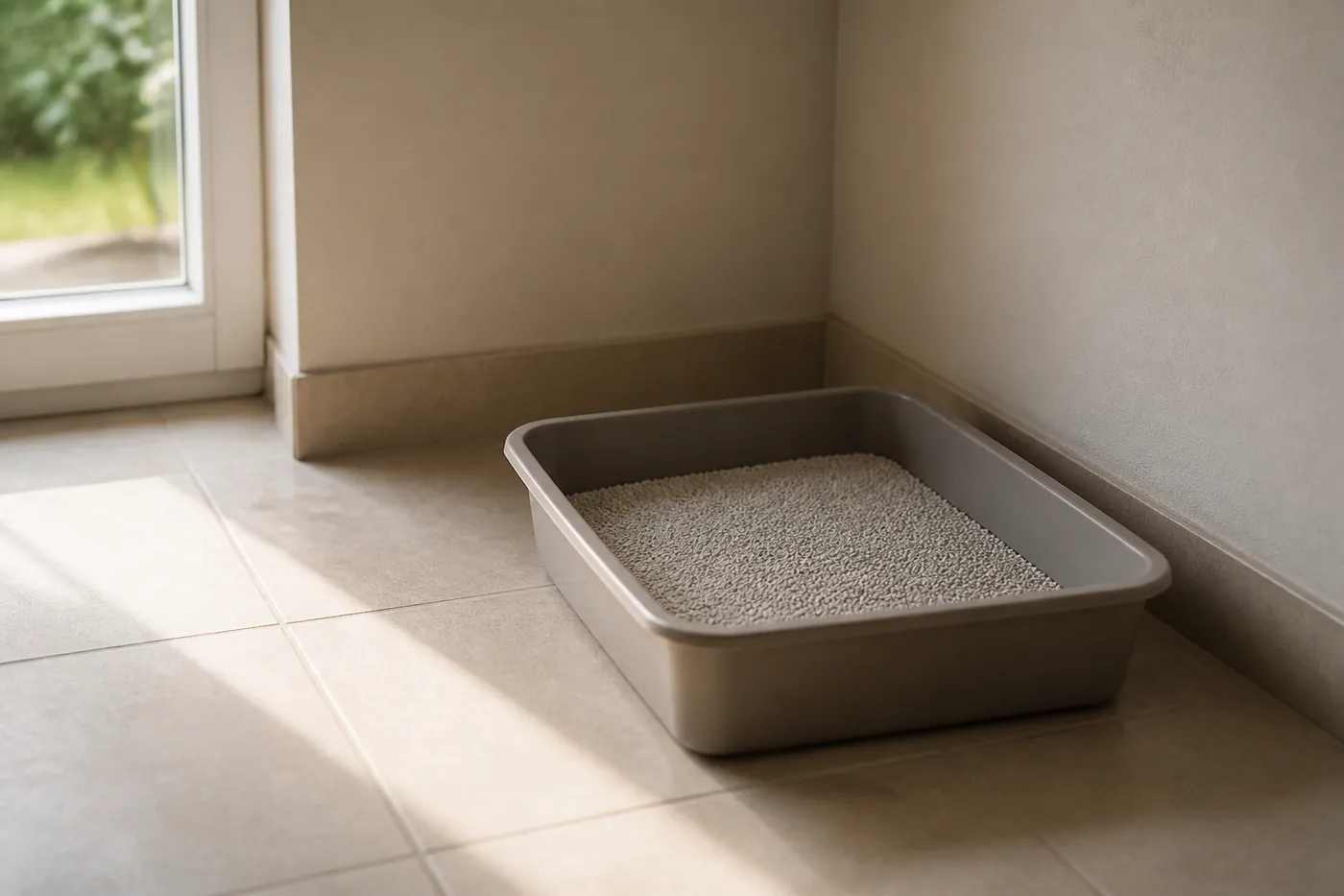 An uncovered litter tray in the corner of a quiet room, lit from a window
