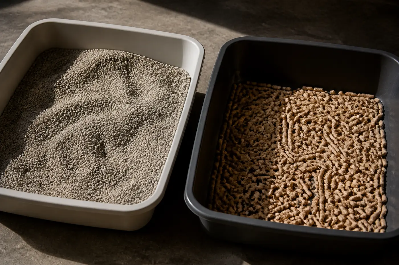 Two litter trays side by side holding different litters at different depths