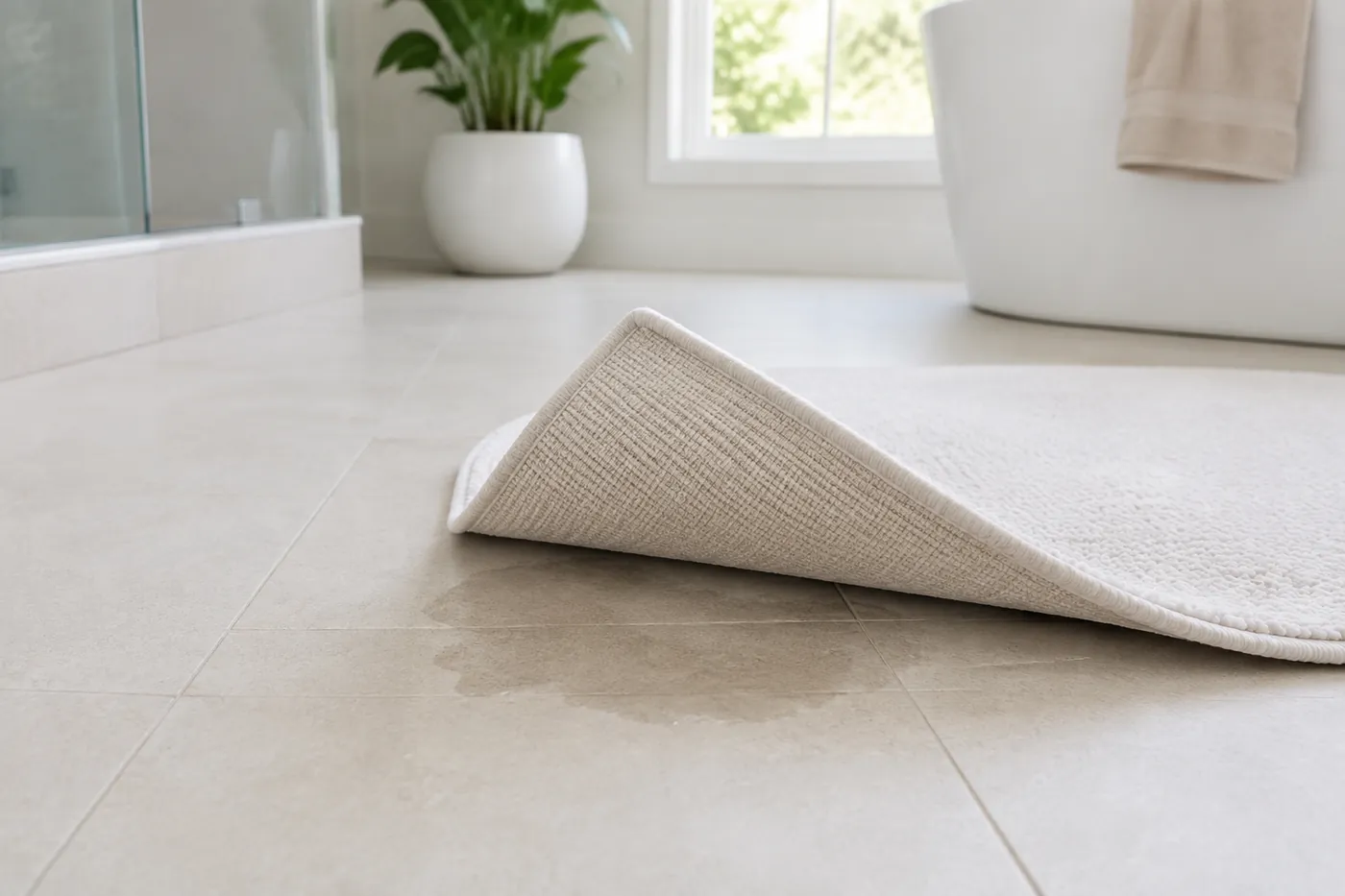A bath mat lifted from a bathroom floor showing a damp patch beneath