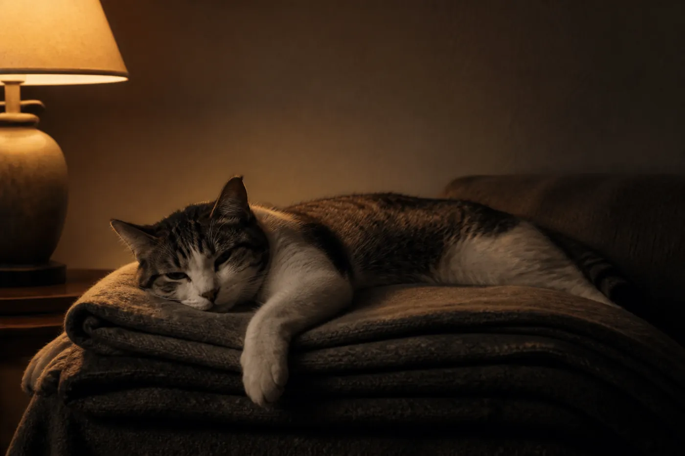 A cat lying with loose paws and half closed eyes on a folded blanket