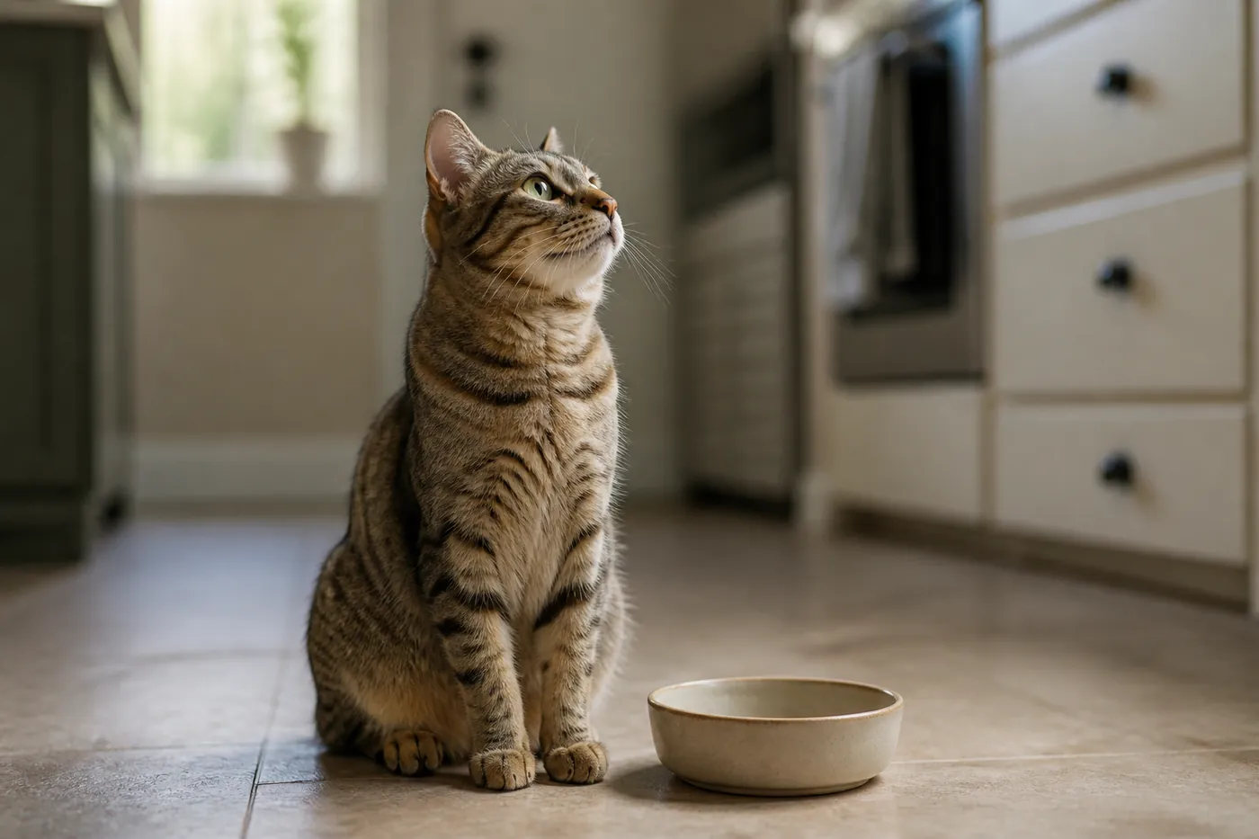 A cat sitting upright beside an empty food bowl looking up at the room