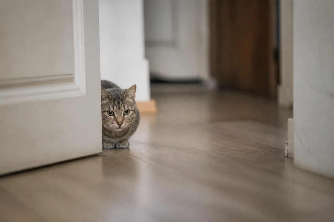 A cat crouched low behind a doorway with its weight shifted onto its back legs