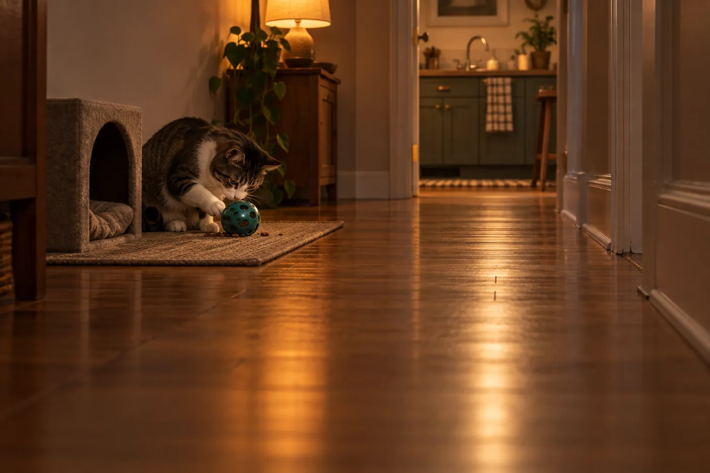 A cat busy with a food puzzle beside a hallway wall, leaving the walking lane down the middle clear