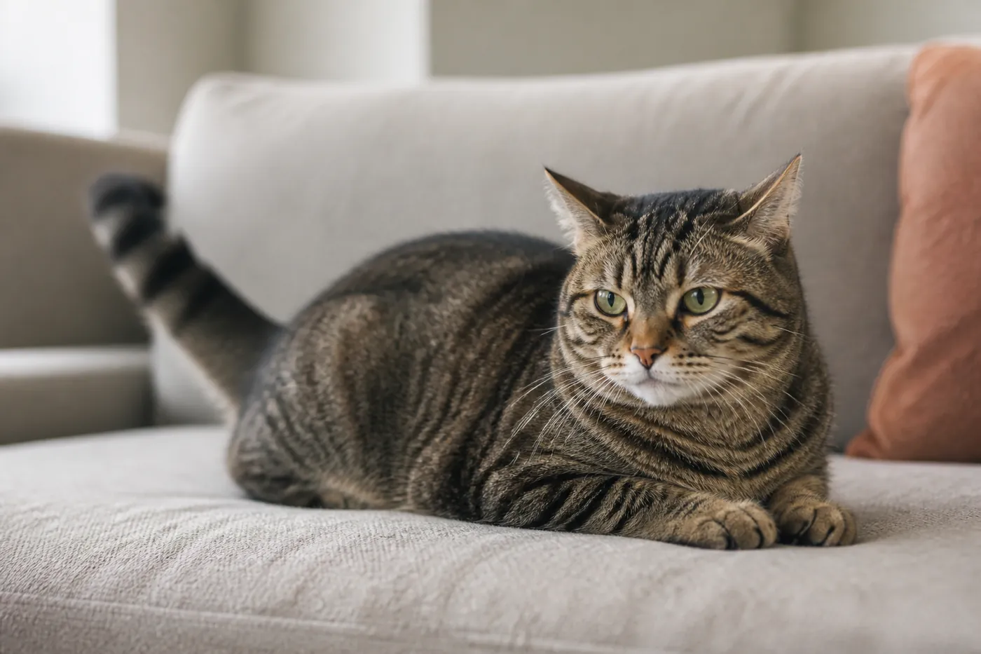 A cat lying on a sofa with its tail mid-flick and ears turned slightly back