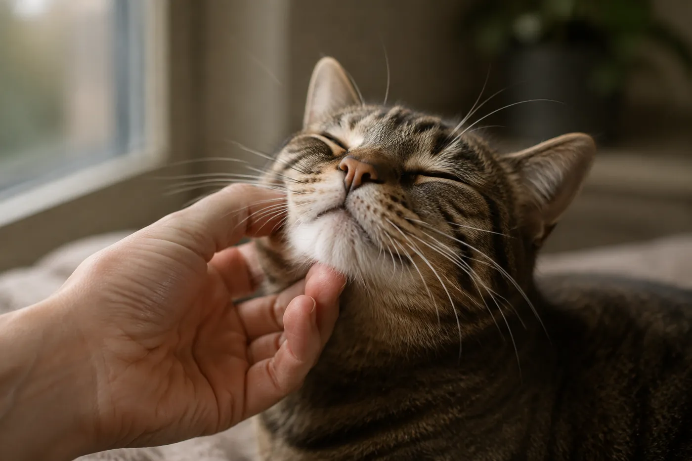 A hand stroking a cat under the chin and along the cheek