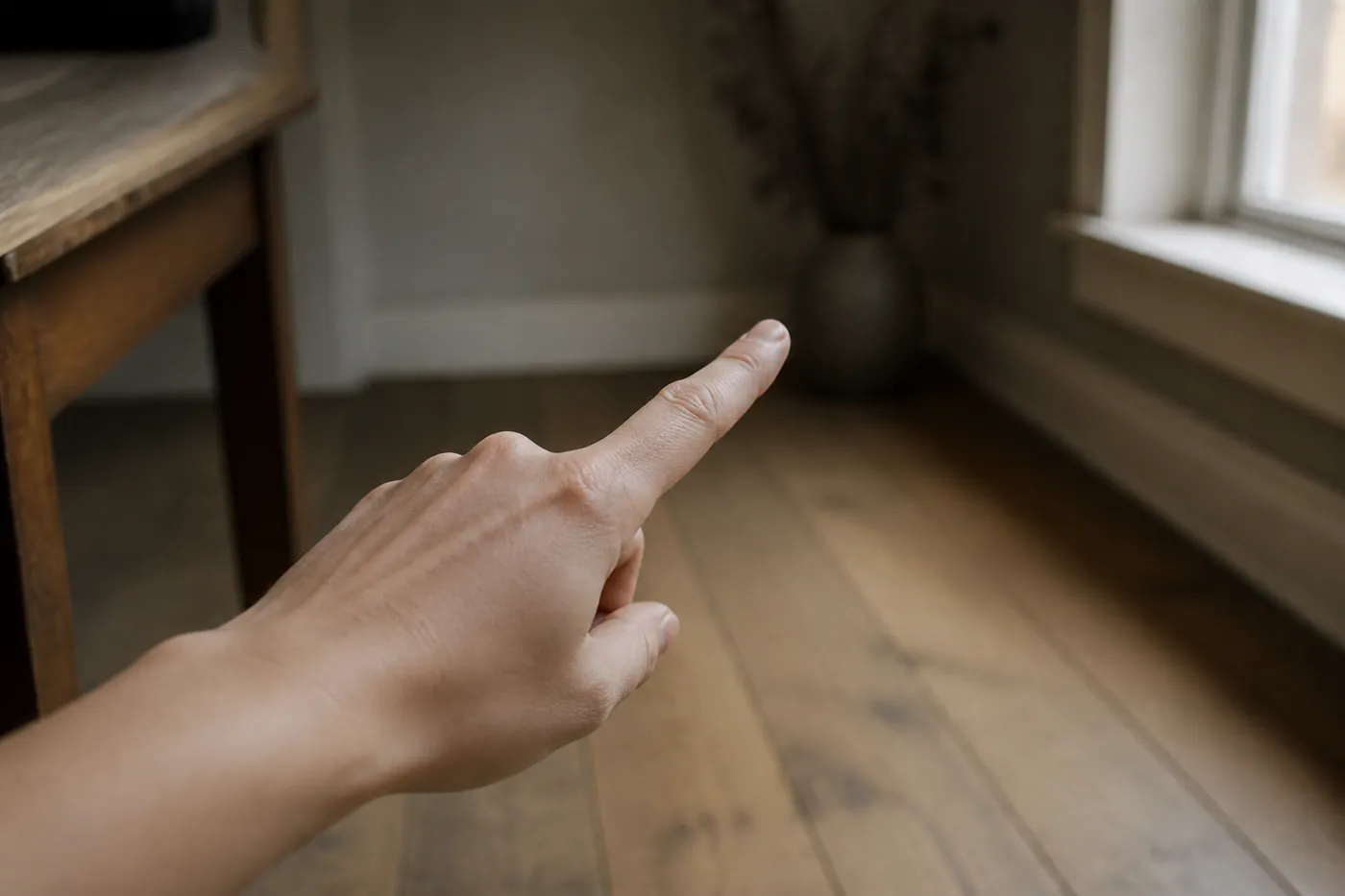 A person's hand held still at cat height with an extended index finger